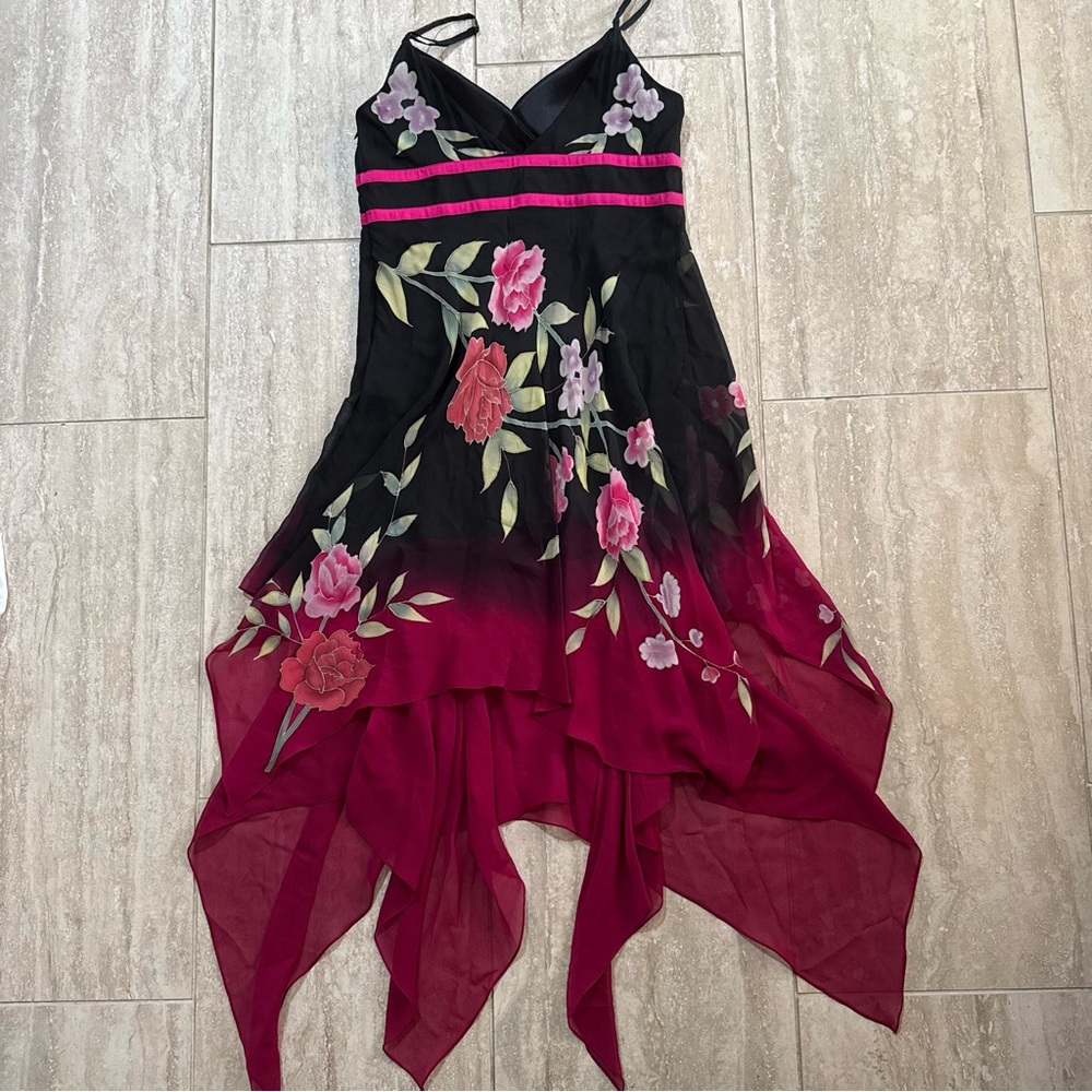 Sue Wong Vintage Y2K Silk Slip Dress Rose Floral print Black/ red Ombré Size 6 - Picture 2 of 8